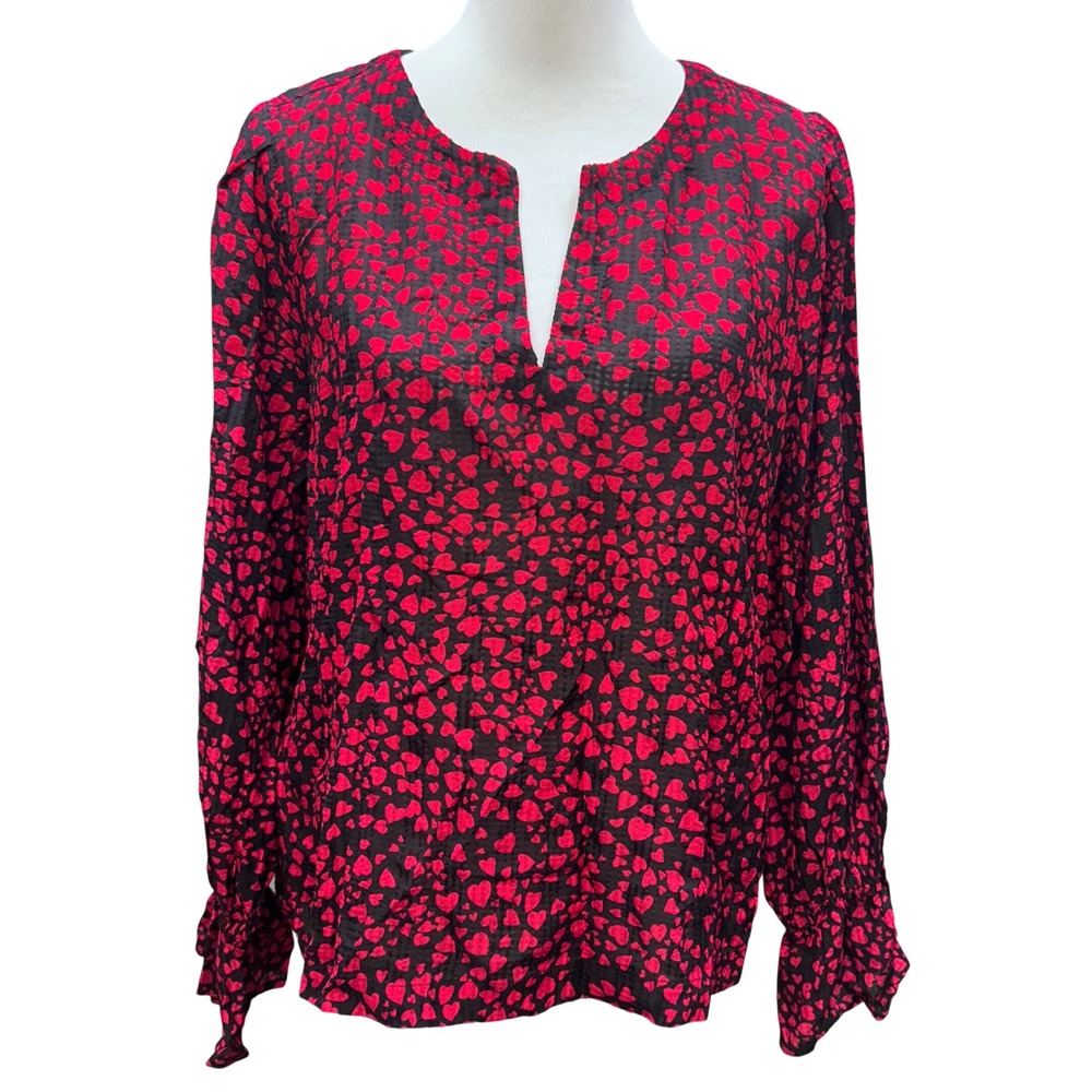 LOFT Heart Print Blouse Women Large Black Red V-Neck Long Sleeve Romantic V Day
